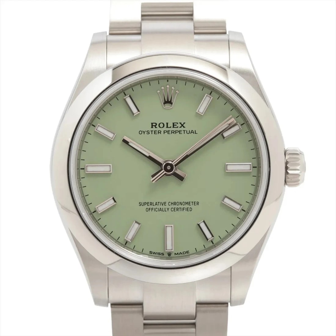 ROLEX OYSTER PERPETUAL SS PISTACHIO: Rolex Oyster Perpetual SS pistachio Brand: Rolex Type/Style: Wristwatch Material: SS Color: Dial Color pistachios Size: Case:W1.2 x H1.2inch / W31 x H31 Circumference of Wrist:6.6inch / 16.8
