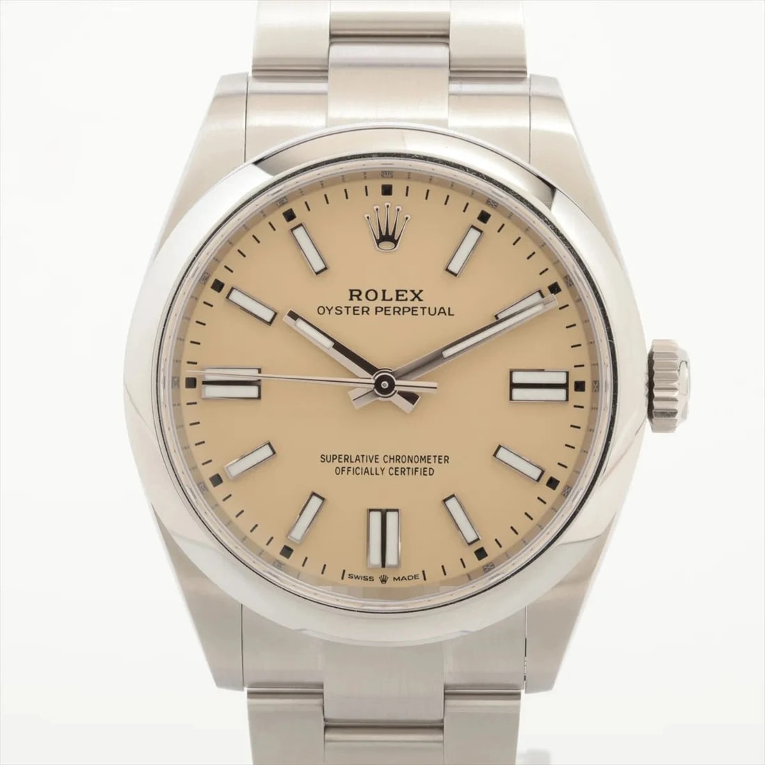 ROLEX OYSTER PERPETUAL SS BEIGE: Rolex OYSTER PERPETUAL SS Beige Brand: Rolex Type/Style: Wristwatch Material: SS Color: Dial Color Beige Size: Case:W1.6 x H1.6inch / W41 x H41 Circumference of Wrist:7.1inch / 18 Accessories: None