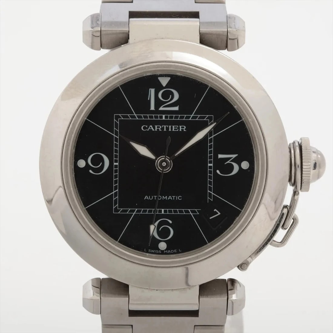 CARTIER PASHA SS BLACK: Cartier Pasha SS black Brand: Cartier Type/Style: Wristwatch Material: SS Color: Dial Color Black Size: Case:W1.2 x H1.2inch / W35 x H35 Circumference of Wrist:5.7inch / 14.5 Accessories: None