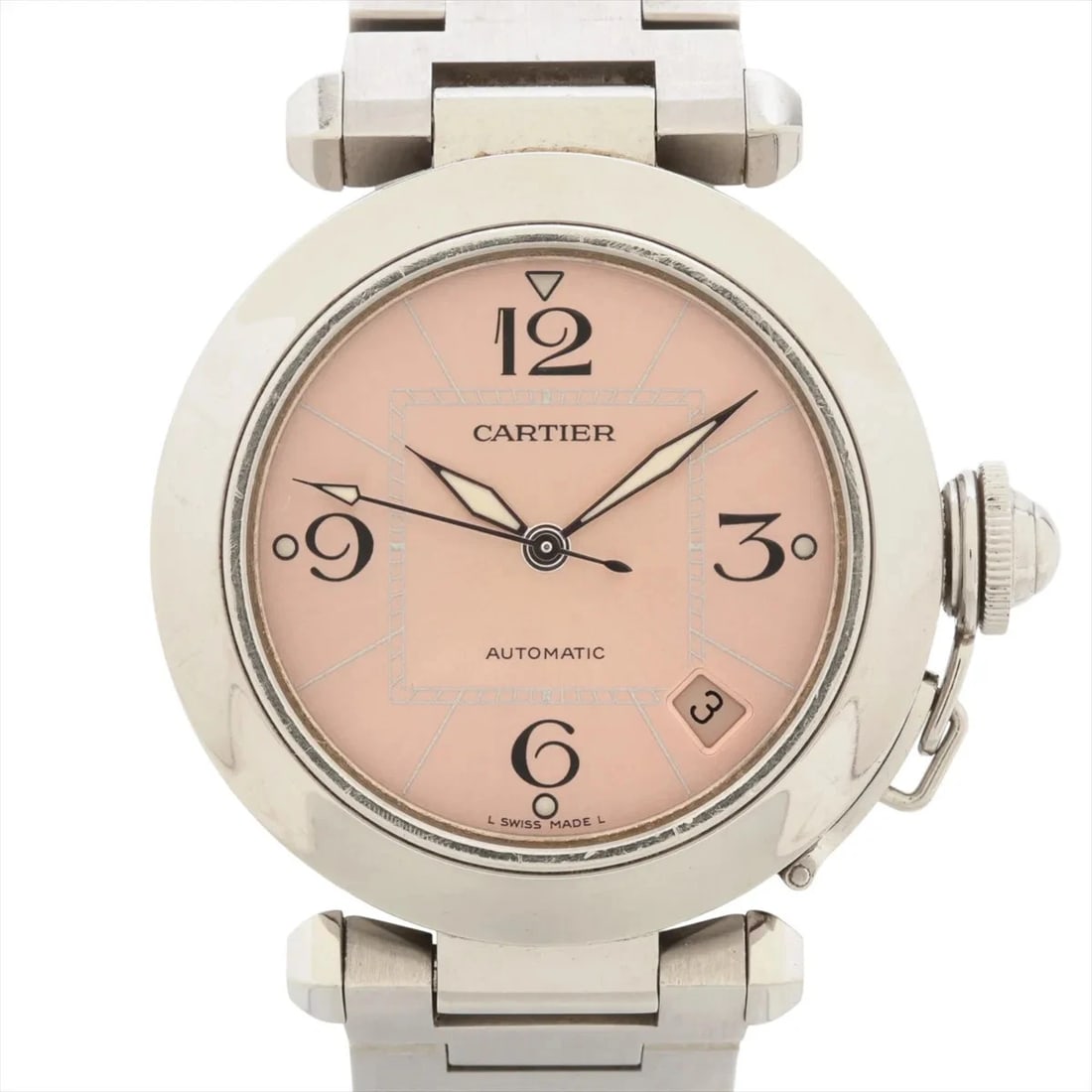 CARTIER PASHA SS PINK: Cartier Pasha SS Pink Brand: Cartier Type/Style: Wristwatch Material: SS Color: Dial Color Pink Size: Case:W1.2 x H1.2inch / W35 x H35 Circumference of Wrist:5.5inch / 14 Accessories: None