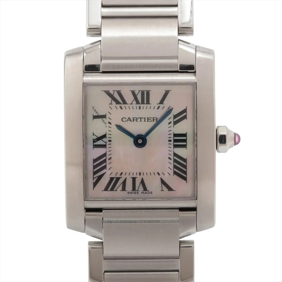 CARTIER TANK FRANCAISE SS QZ PINK MOP: Cartier Tank Francaise SS QZ Pink MOP Brand: Cartier Type/Style: Wristwatch Material: SS Color: Dial Color Pink shell Size: Case:W0.8 x H0.8inch / W20.3 x H25.3 Circumference of Wrist:5.3inch / 13.5