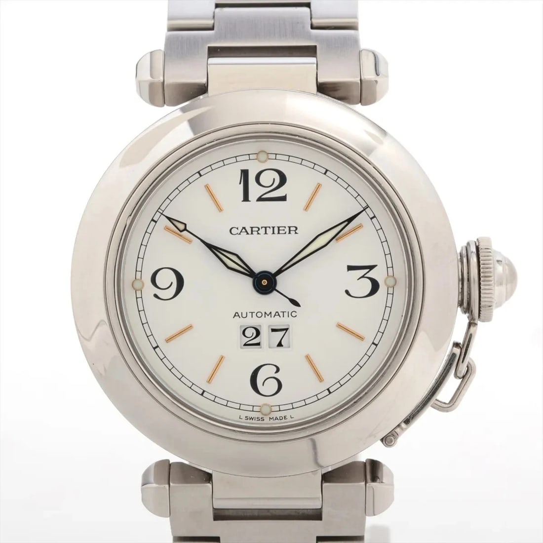 CARTIER PASHA SS WHITE: Cartier Pasha SS white Brand: Cartier Type/Style: Wristwatch Material: SS Color: Dial Color White Size: Case:W1.2 x H1.2inch / W35 x H35 Circumference of Wrist:6.1inch / 15.5 Accessories: None