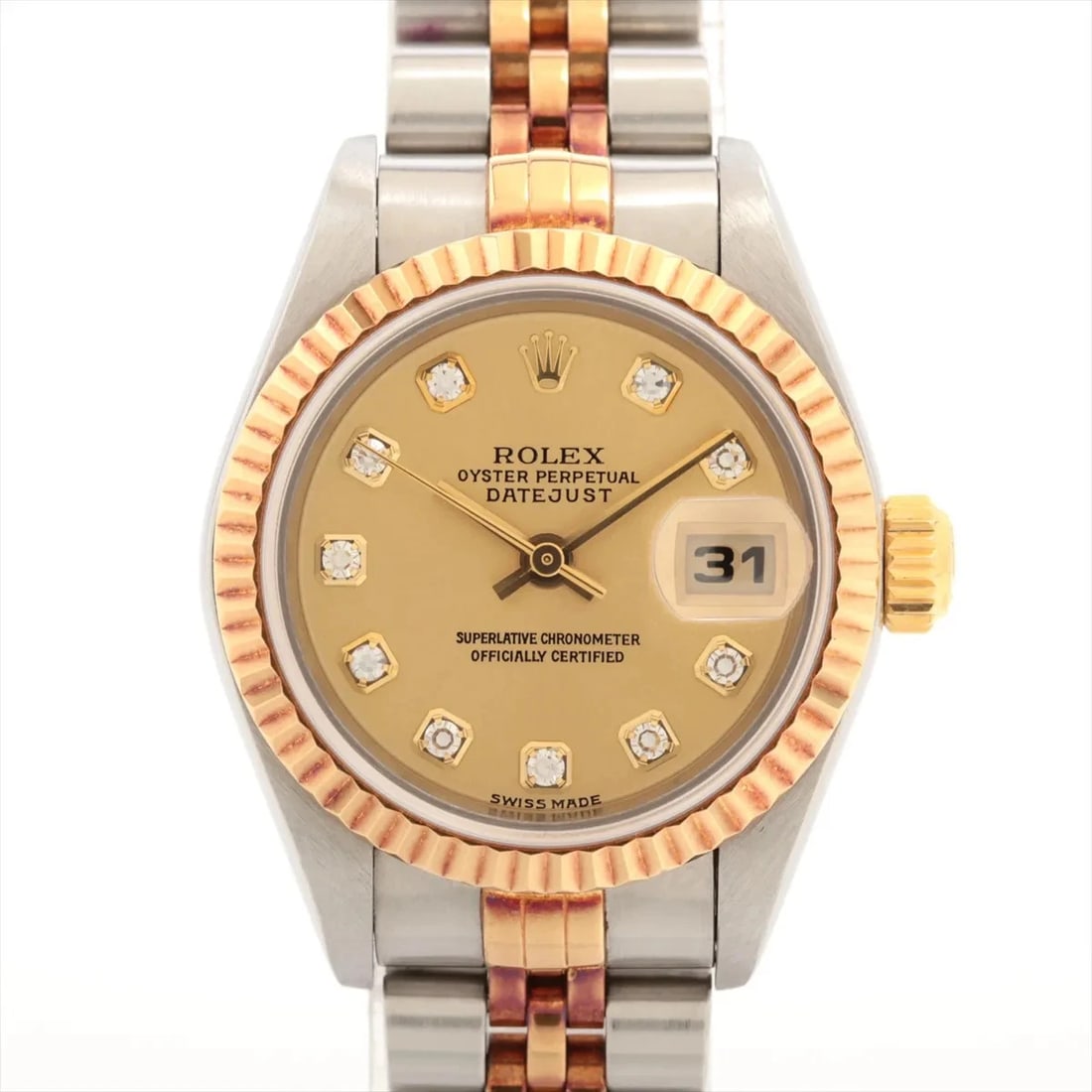 ROLEX DATEJUST SS?YG CHAMPAGNE: Rolex Datejust SS?YG Champagne Brand: Rolex Type/Style: Wristwatch Material: SS?YG Color: Dial Color Champagne Size: Case:W0.8 x H0.8inch / W26 x H26 Circumference of Wrist:5.9inch / 15 Accessories: