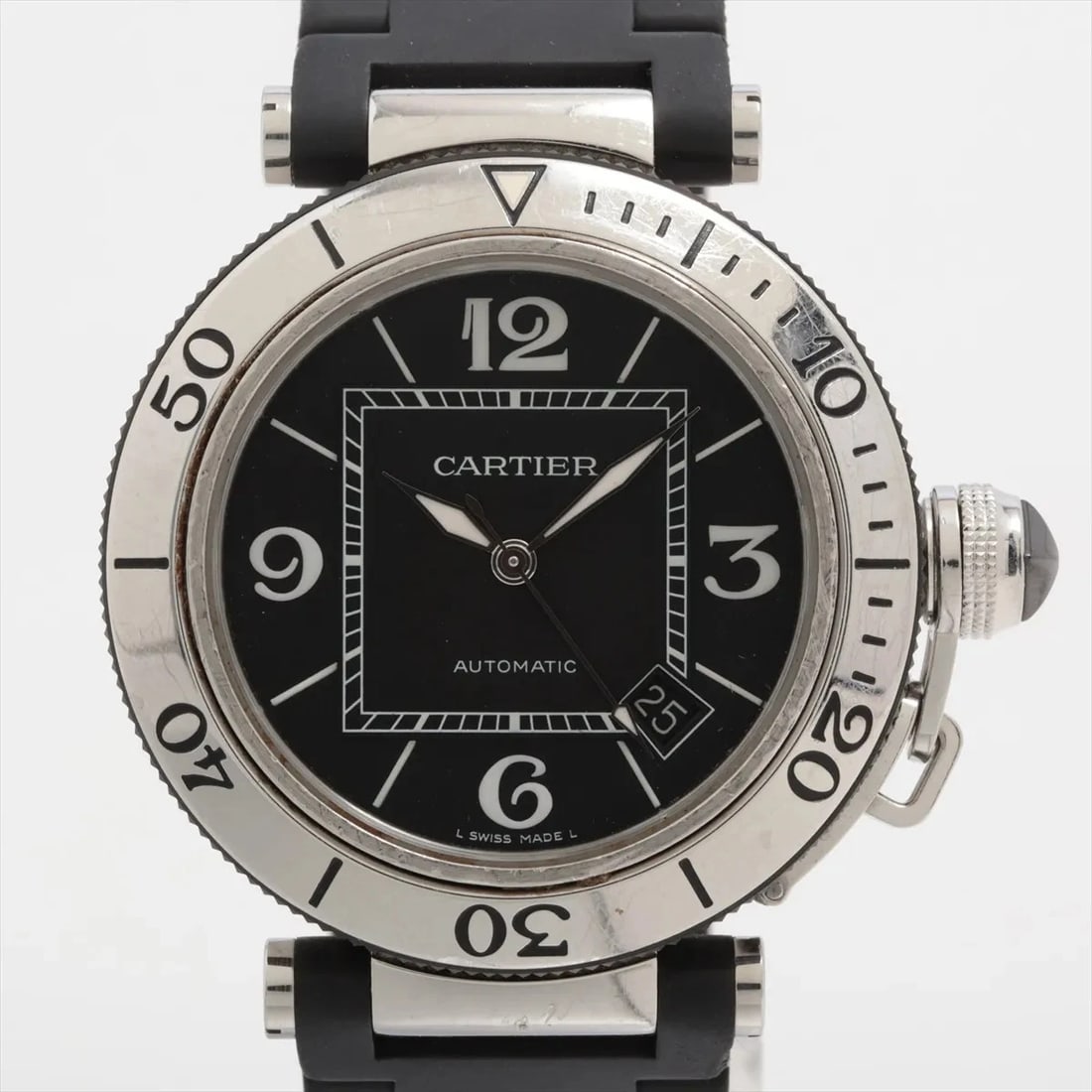 CARTIER PASHA SEATIMER SS & RUBBER BLACK: Cartier Pasha Seatimer SS & Rubber black Brand: Cartier Type/Style: Wristwatch Material: SS & Rubber Color: Dial Color Black Size: Case:W1.6 x H1.6inch / W40 x H40 Circumference of Wrist:6.1inch /