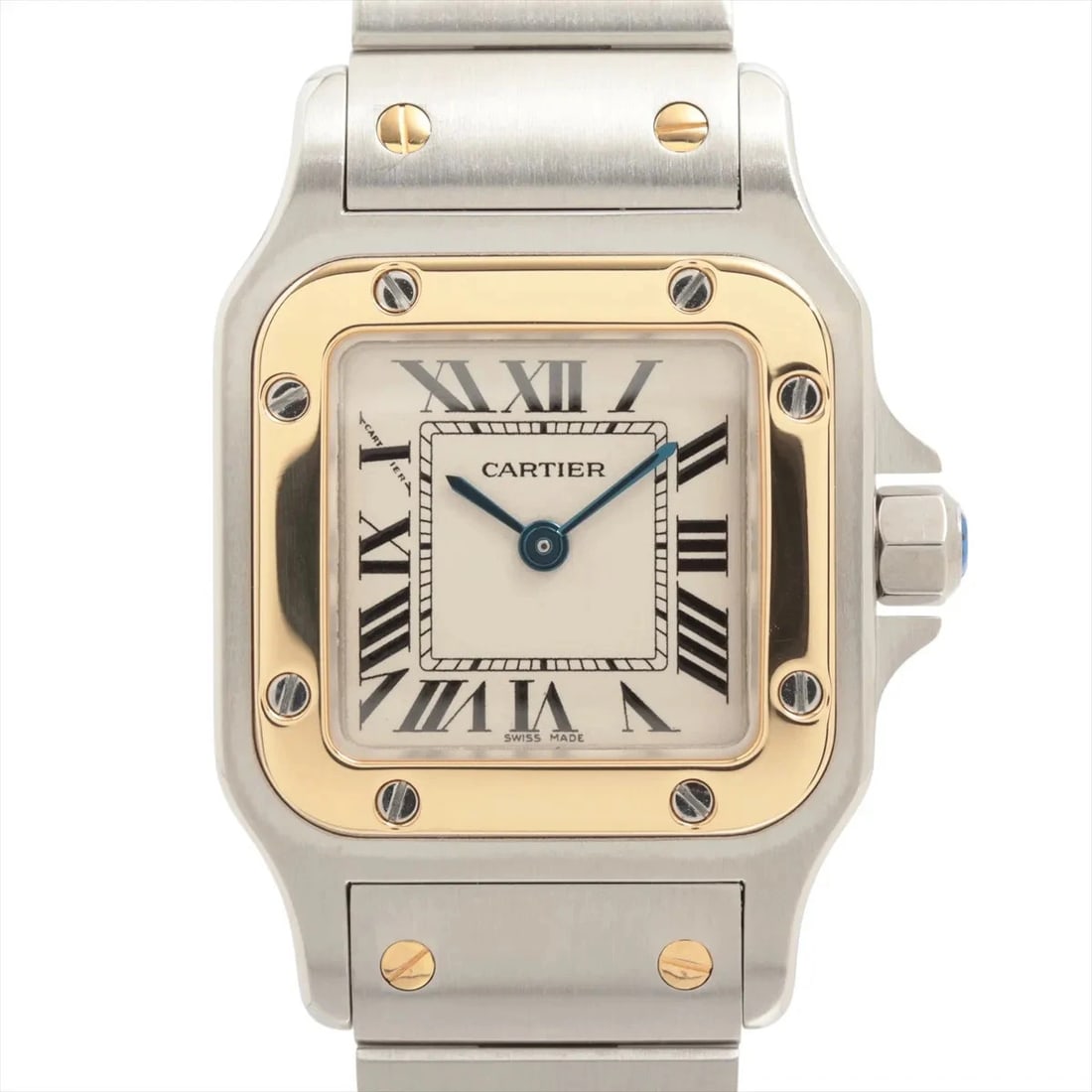CARTIER SANTOS GALBEE SS?YG QZ SILVER: Cartier Santos Galbee SS?YG QZ Silver Brand: Cartier Type/Style: Wristwatch Material: SS?YG Color: Dial Color Silver Size: Case:W0.8 x H1.2inch / W23 x H35 Circumference of Wrist:7.1inch / 18