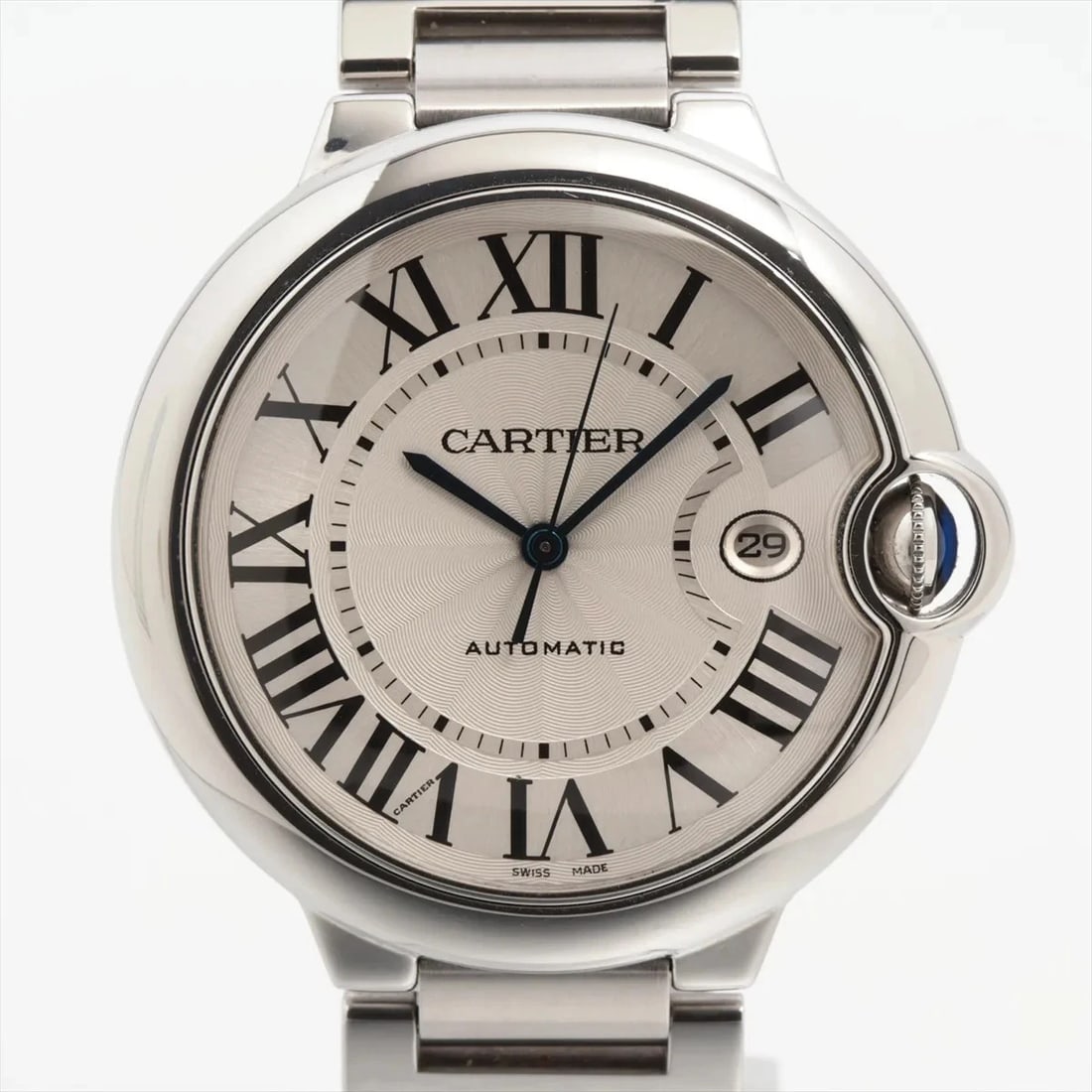 CARTIER BALLON BLEU SS SILVER: Cartier Ballon Bleu SS Silver Brand: Cartier Type/Style: Wristwatch Material: SS Color: Dial Color Silver Size: Case:W1.6 x H1.6inch / W44 x H42 Circumference of Wrist:6.7inch / 17 Accessories: None