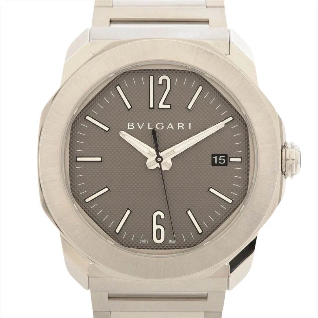 BVLGARI OCTO ROMA SS GRAY: Bvlgari Octo Roma SS Gray Brand: Bvlgari Type/Style: Wristwatch Material: SS Color: Dial Color Gray Size: Case:W1.6 x H1.6inch / W40 x H40 Circumference of Wrist:7.3inch / 18.5 Accessories: None