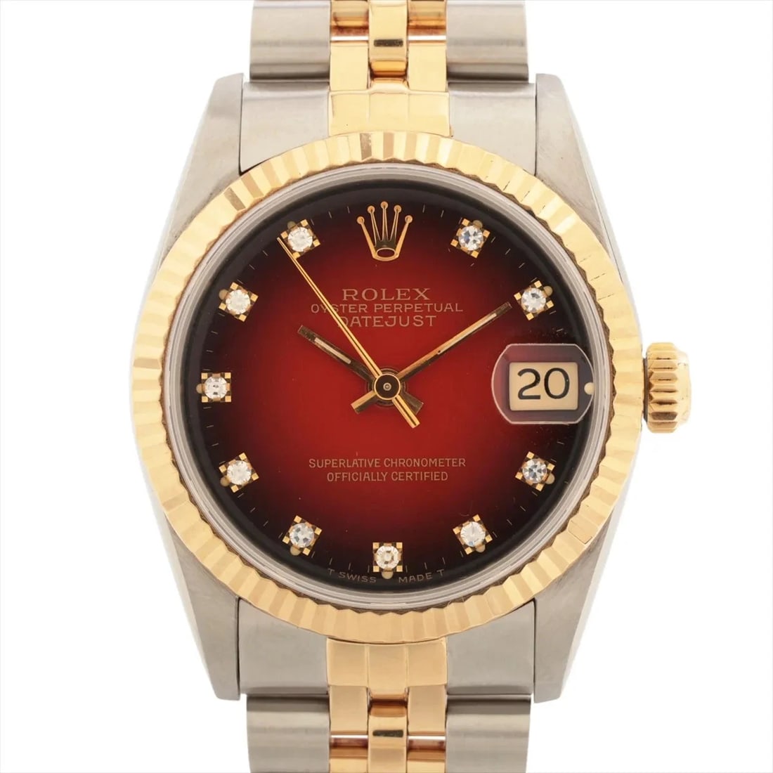 ROLEX DATEJUST SS?YG RED GRADIENT: Rolex Datejust SS?YG red gradient Brand: Rolex Type/Style: Wristwatch Material: SS?YG Color: Dial Color red gradient Size: Case:W1.2 x H1.2inch / W31 x H31 Circumference of Wrist:7.1inch / 18