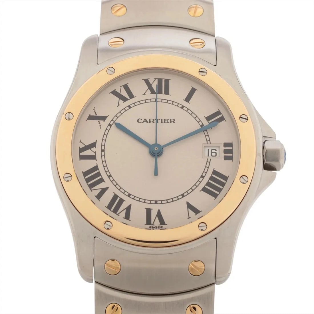 CARTIER SANTOS RONDO SS?YG QZ IVORY: Cartier Santos Rondo SS?YG QZ Ivory Brand: Cartier Type/Style: Wristwatch Material: SS?YG Color: Dial Color Ivory Size: Case:W0.8 x H0.8inch / W27 x H27 Circumference of Wrist:6.9inch / 17.5