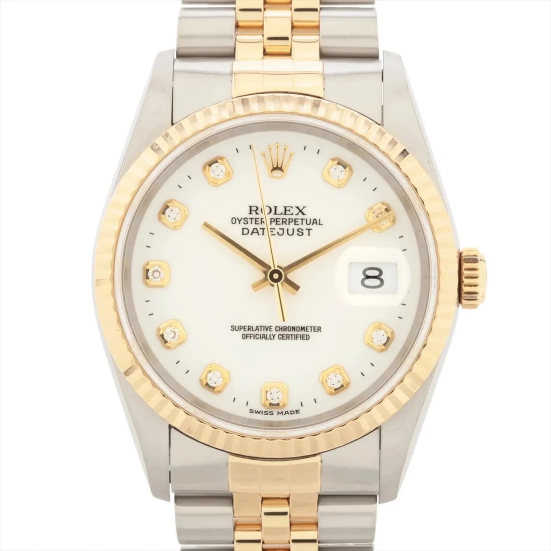ROLEX DATEJUST SS?YG WHITE: Rolex DATEJUST SS?YG white Brand: Rolex Type/Style: Wristwatch Material: SS?YG Color: Dial Color White Size: Case:W1.2 x H1.2inch / W36 x H36 Circumference of Wrist:7.5inch / 19 Accessories: None
