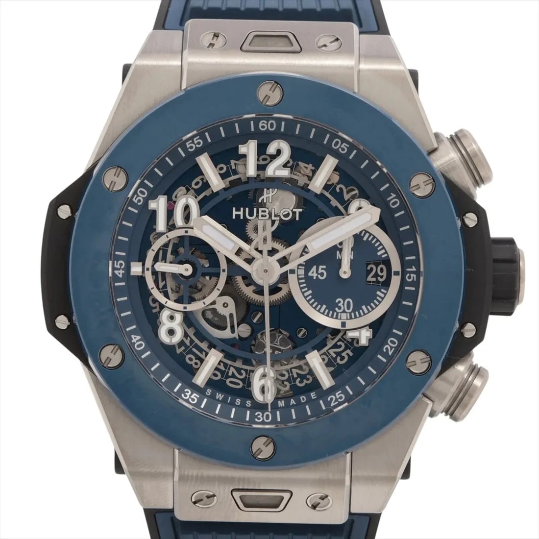 HUBLOT BIG BANG TITANIUM BLUE CERAMIC CE?TI TI X RUBBER: Hublot Big bang TITANIUM blue ceramic CE?TI TI x rubber Brand: Hublot Type/Style: Wristwatch Material: CE x TI x rubber Color: Dial Color Skeleton Size: Case:W1.6 x H1.6inch / W44 x H44 Circumference