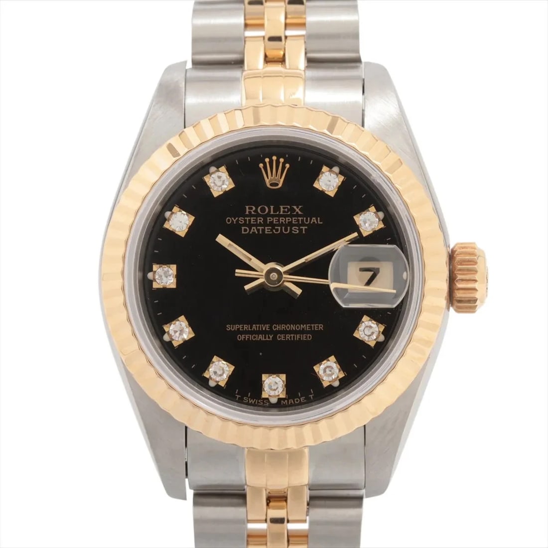 ROLEX DATEJUST SS?YG BLACK: Rolex Datejust SS?YG black Brand: Rolex Type/Style: Wristwatch Material: SS?YG Color: Dial Color Black Size: Case:W0.8 x H0.8inch / W26 x H26 Circumference of Wrist:6.7inch / 17 Accessories: None