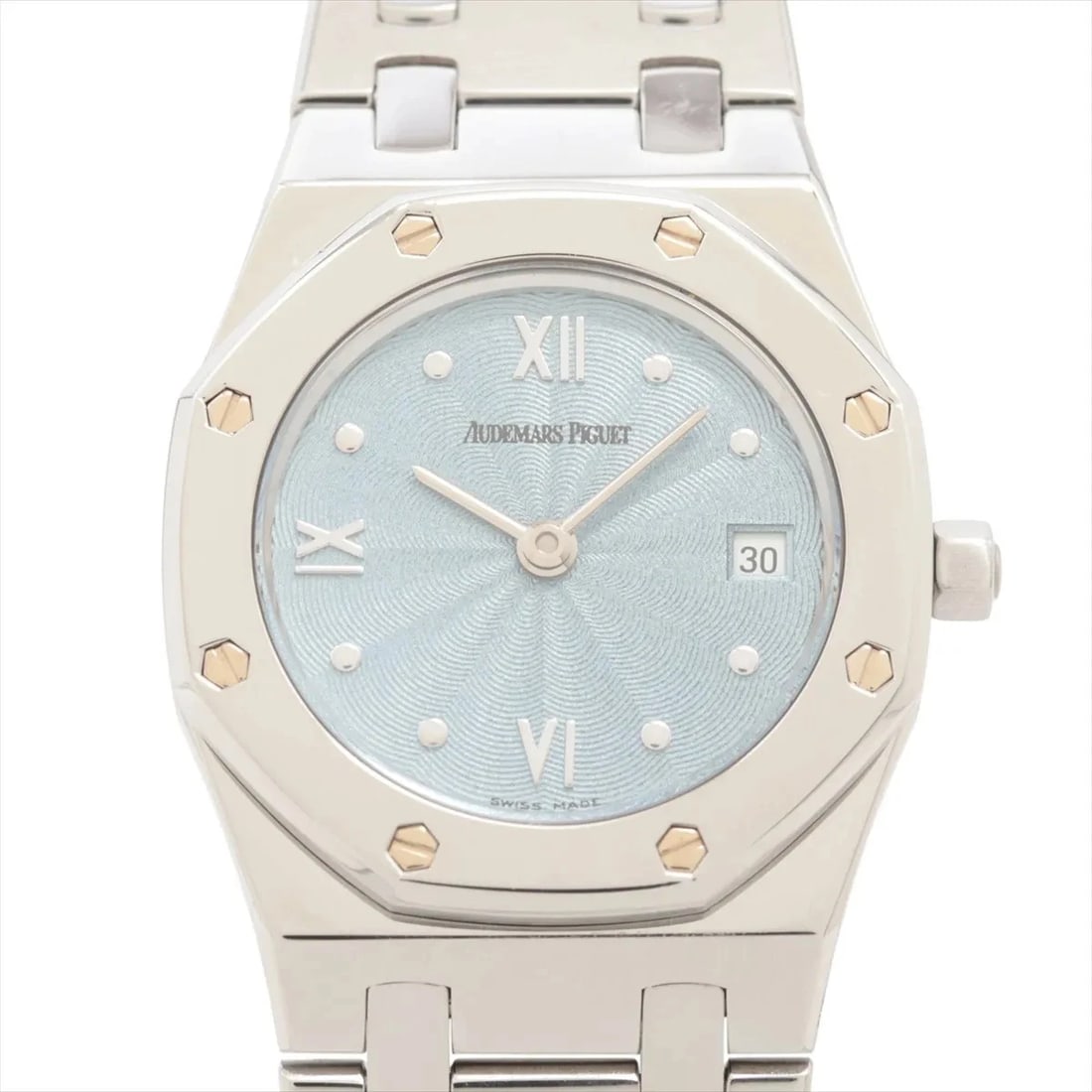 AUDEMARS PIGUET ROYAL OAK SS QZ ICEBLUE: Audemars Piguet Royal Oak SS QZ Iceblue Brand: Audemars Piguet Type/Style: Wristwatch Material: SS Color: Dial Color Ice blue Size: Case:W0.8 x H0.8inch / W24 x H24 Circumference of Wrist:6.3inch /