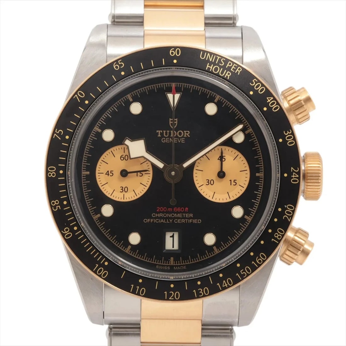 TUDOR BLACK CHRONO SS?YG BLACK: Tudor Black Chrono SS?YG black Brand: Tudor Type/Style: Wristwatch Material: SS?YG Color: Dial Color Black Size: Case:W1.6 x H1.6inch / W41 x H41 Circumference of Wrist:7.7inch / 19.5 Accessories: