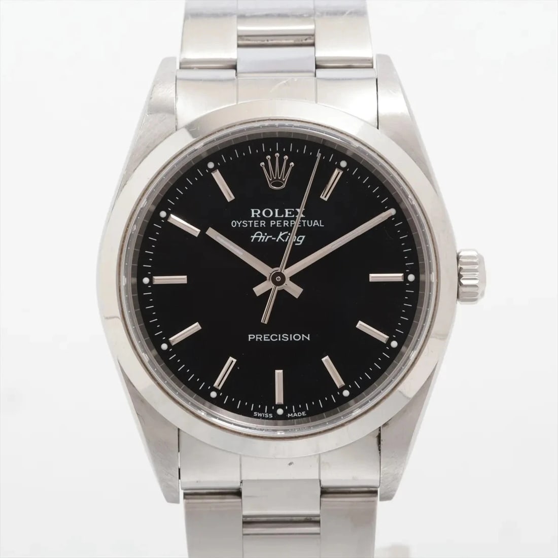 ROLEX AIR-KING SS BLACK: Rolex Air-King SS black Brand: Rolex Type/Style: Wristwatch Material: SS Color: Dial Color Black Size: Case:W1.2 x H1.2inch / W34 x H34 Circumference of Wrist:5.9inch / 15 Accessories: None