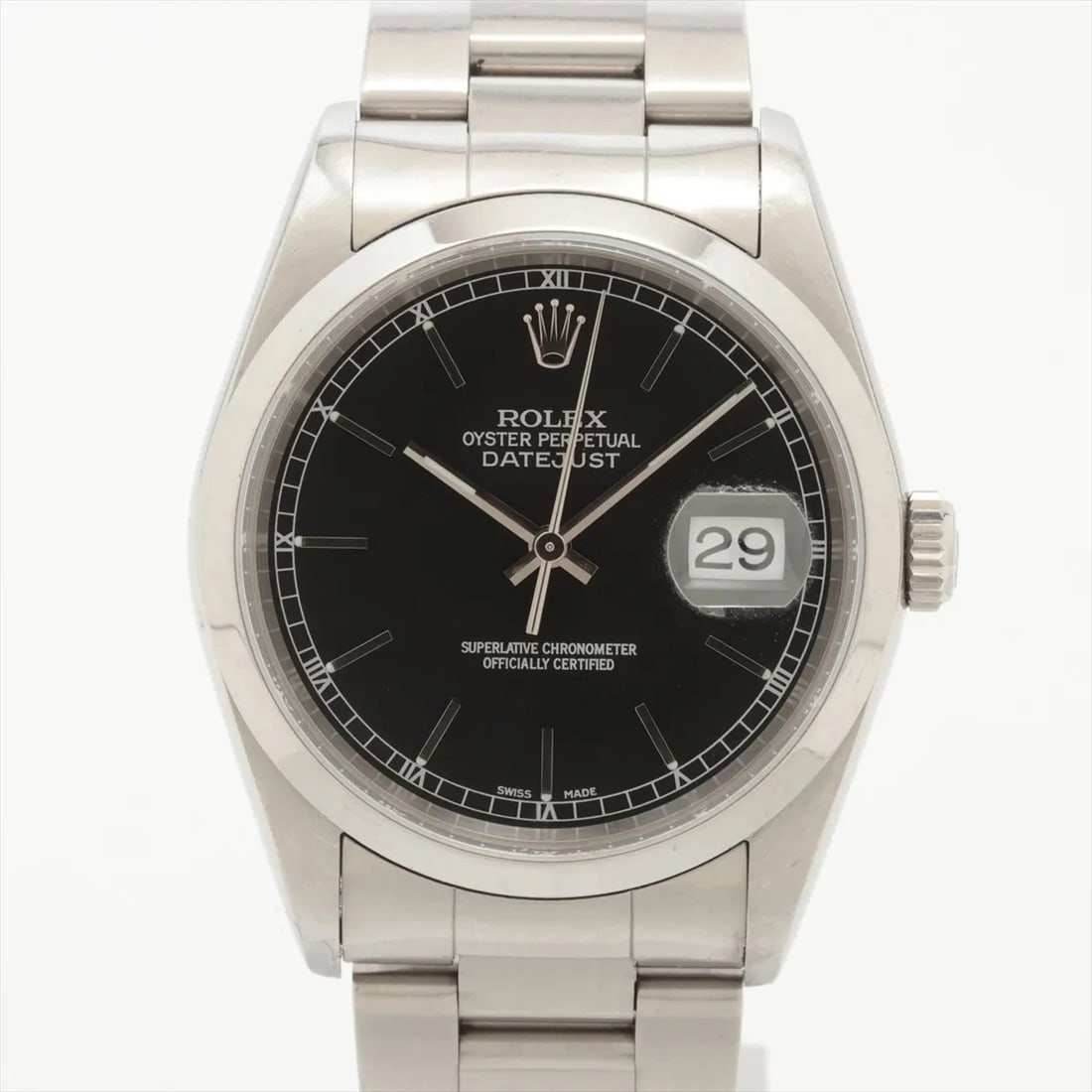 ROLEX DATEJUST SS BLACK: Rolex Datejust SS black Brand: Rolex Type/Style: Wristwatch Material: SS Color: Dial Color Black Size: Case:W1.2 x H1.2inch / W36 x H36 Circumference of Wrist:6.3inch / 16 Accessories: None