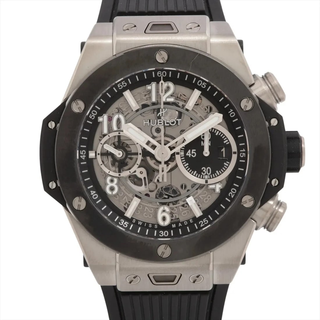 HUBLOT BIG BANG UNICO TITANIUM CERAMIC CE X TI X RUBBER: Hublot Big bang Unico TITANIUM Ceramic CE x TI x rubber Brand: Hublot Type/Style: Wristwatch Material: CE x TI x rubber Color: Dial Color Skeleton Size: Case:W1.6 x H1.6inch / W44 x H44 Circumference