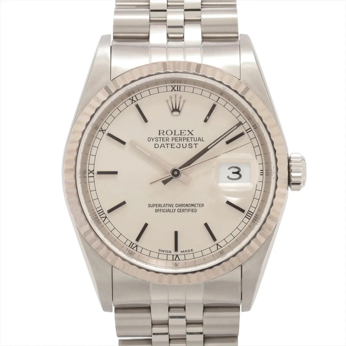 ROLEX DATEJUST SS?WG SILVER: Rolex DATEJUST SS?WG Silver Brand: Rolex Type/Style: Wristwatch Material: SS?WG Color: Dial Color Silver Size: Case:W1.2 x H1.2inch / W36 x H36 Circumference of Wrist:7.1inch / 18 Accessories: None