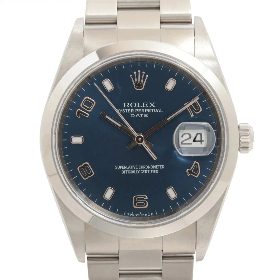 ROLEX OYSTER PERPETUAL DATE SS BLUE: Rolex Oyster Perpetual Date SS blue Brand: Rolex Type/Style: Wristwatch Material: SS Color: Dial Color Blue Size: Case:W1.2 x H1.2inch / W34 x H34 Circumference of Wrist:7.3inch / 18.5 Accessories