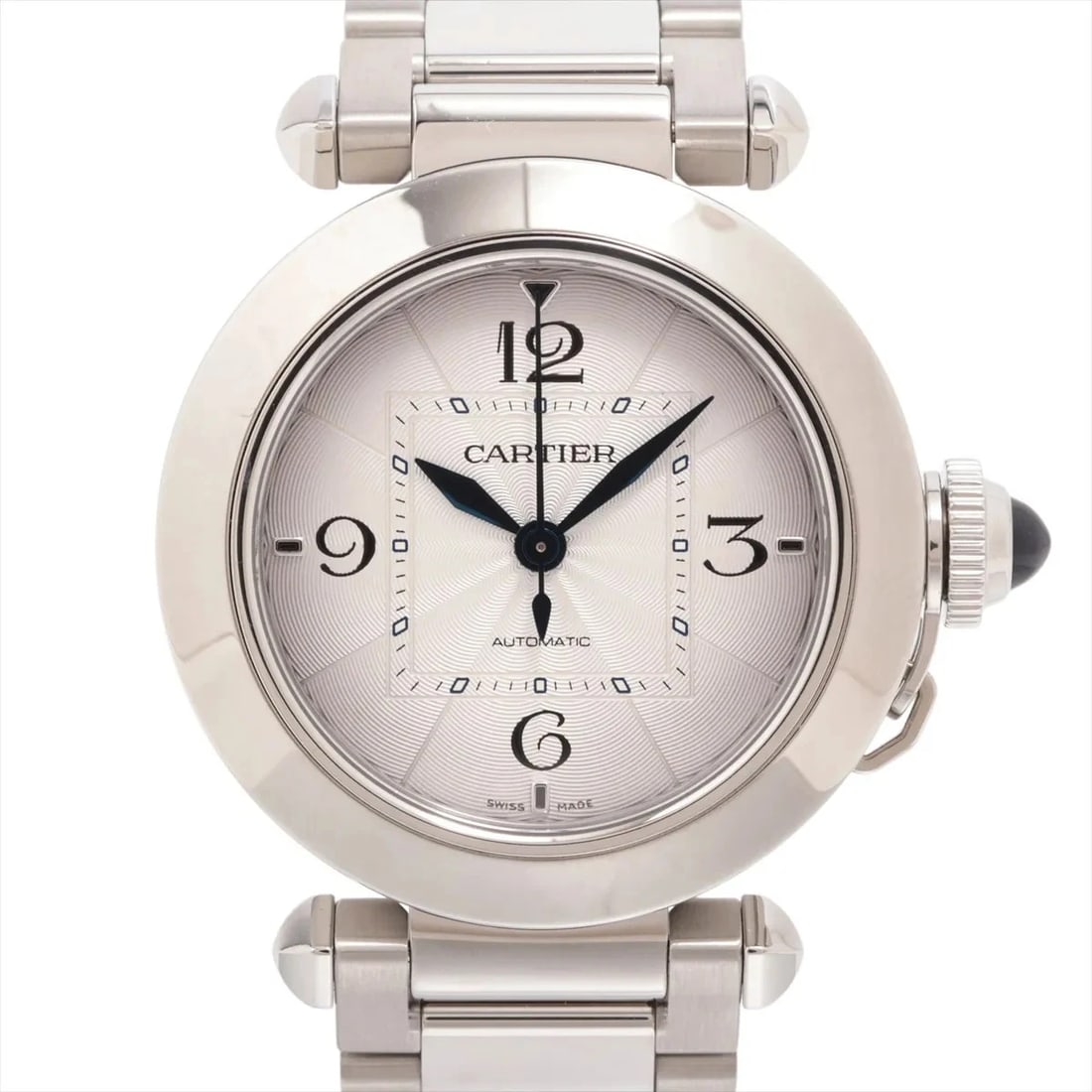 CARTIER PASHA SS SILVER: Cartier Pasha SS Silver Brand: Cartier Type/Style: Wristwatch Material: SS Color: Dial Color Silver Size: Case:W1.2 x H1.2inch / W35 x H35 Circumference of Wrist:5.9inch / 15 Accessories: None