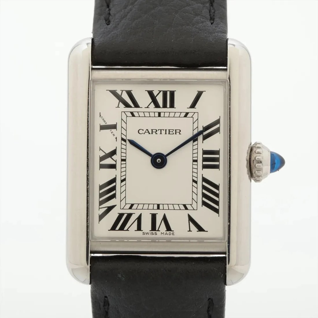 CARTIER TANK MAST SS & LEATHER QZ SILVER: Cartier Tank mast SS & Leather QZ Silver Brand: Cartier Type/Style: Wristwatch Material: SS & Leather Color: Dial Color Silver Size: Case:W0.8 x H0.8inch / W22 x H29 Circumference of Wrist:6.5inch /