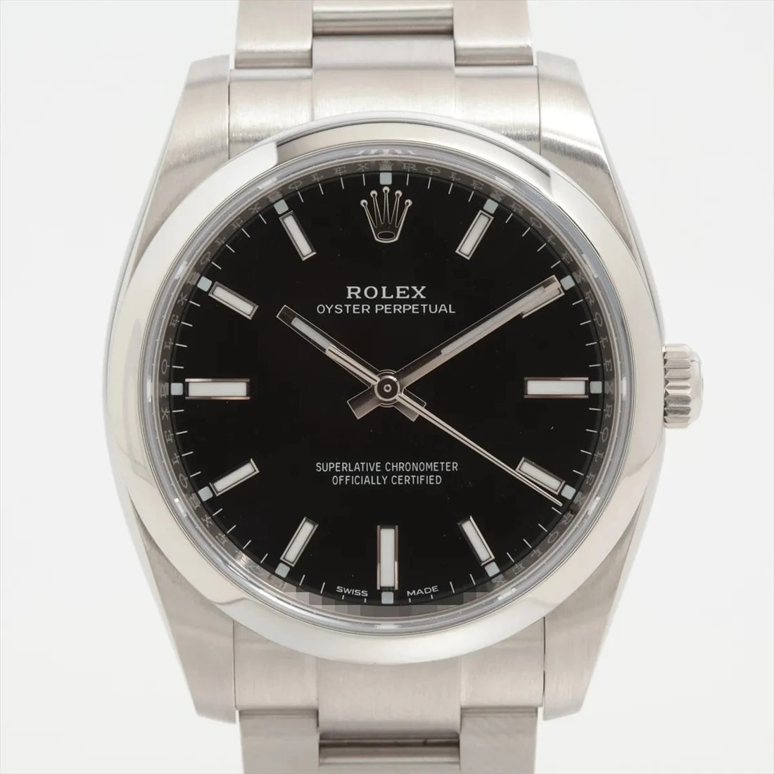 ROLEX OYSTER PERPETUAL SS BLACK: Rolex Oyster Perpetual SS black Brand: Rolex Type/Style: Wristwatch Material: SS Color: Dial Color Black Size: Case:W1.2 x H1.2inch / W34 x H34 Circumference of Wrist:6.3inch / 16 Accessories: None