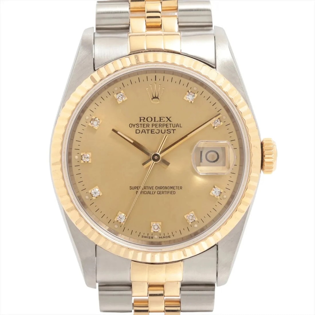 ROLEX DATEJUST SS?YG CHAMPAGNE: Rolex DATEJUST SS?YG Champagne Brand: Rolex Type/Style: Wristwatch Material: SS?YG Color: Dial Color Champagne Size: Case:W1.2 x H1.2inch / W36 x H36 Circumference of Wrist:7.5inch / 19 Accessories: