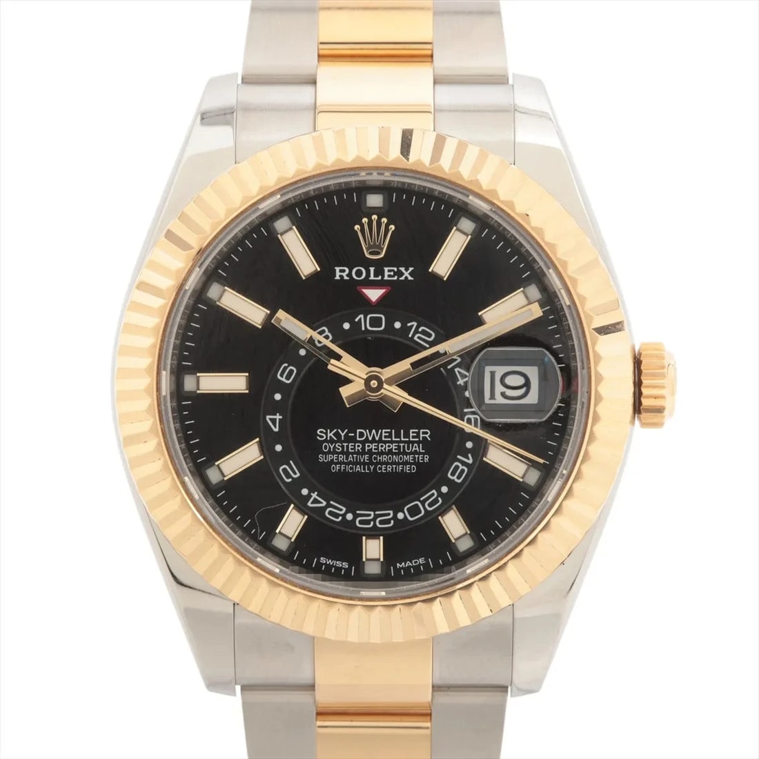 ROLEX SKY-DWELLER SS?YG BRIGHT BLACK: Rolex Sky-Dweller SS?YG bright black Brand: Rolex Type/Style: Wristwatch Material: SS?YG Color: Dial Color bright black Size: Case:W1.6 x H1.6inch / W42 x H42 Circumference of Wrist:7.7inch / 19.5