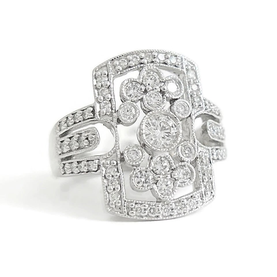 LONG PAVE DIAMOND ORNATE MILGRAIN STATEMENT RING 14K WHITE GOLD: Long Pave Diamond Ornate Milgrain Statement Ring 14K White Gold Brand: Unbranded Type/Style: Ring Material: 14K White Gold, Main Stone Natural Color: Silver Size: 6.5 US Accessories: None