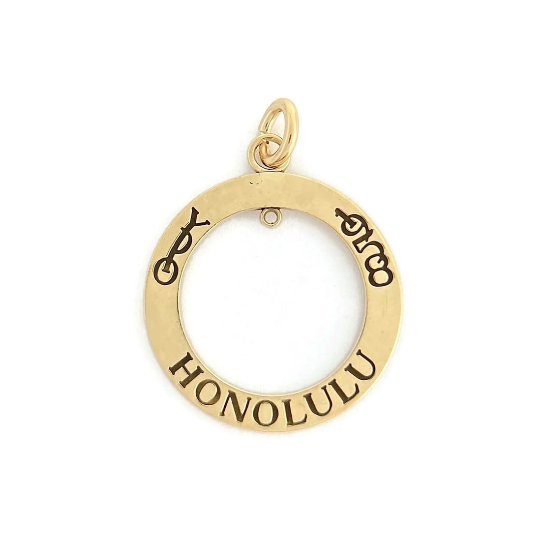 HONOLULU HAWAII CIRCLE PENDANT CHARM 10K YELLOW GOLD: Honolulu Hawaii Circle Pendant Charm 10K Yellow Gold Brand: Unbranded Type/Style: Pendant Material: 10K Yellow Gold, Color: Gold Size: Measurements: 1.1 inches (with bale) x 22.1 mm Accessories: None