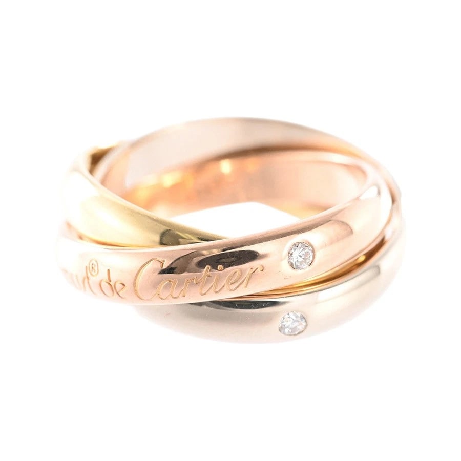 CARTIER MUST DE TRINITY RING 18K YELLOW WHITE GOLD DIAMOND: Cartier Must de Trinity Ring 18K Yellow White Gold Diamond Brand: Cartier Type/Style: Ring Material: 18K Yellow Gold, 18K White Gold, Main Stone Natural Color: Yellow Gold Size: US 5 Accessories: