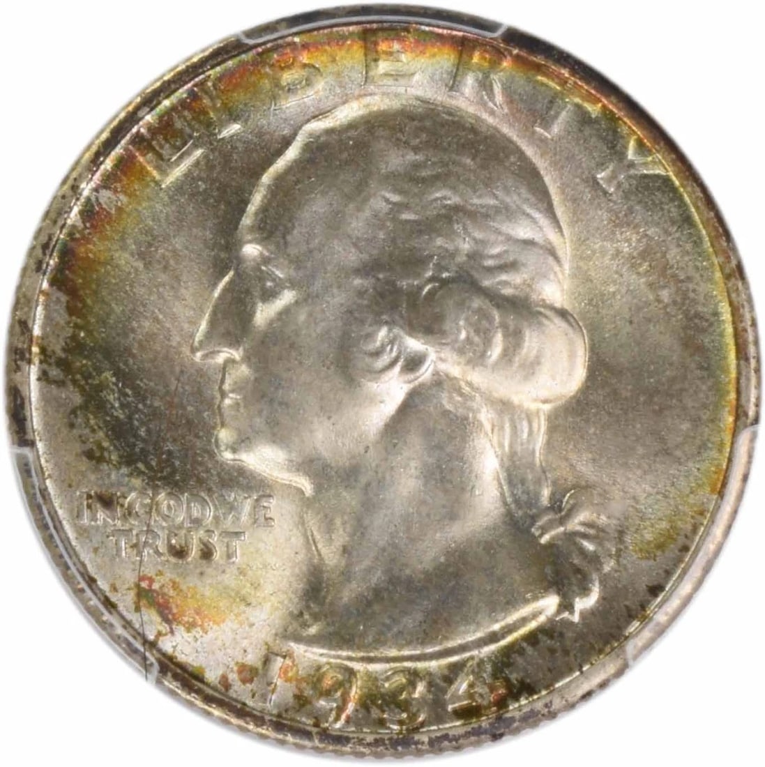 1934 WASHINGTON SILVER QUARTER HEAVY MOTTO: 1934 Washington Silver Quarter Heavy Motto Year: 1934 Composition: 90% Silver, 10% Copper Denomination: 25C Country of Origin: United States Accessories: None Accessories Notice: When purchasing