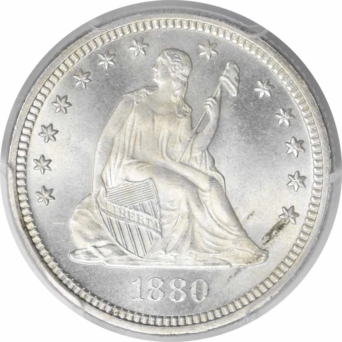 1880 LIBERTY SEATED SILVER QUARTER: 1880 Liberty Seated Silver Quarter Year: 1880 Composition: Silver Denomination: 25C Country of Origin: United States Accessories: None Accessories Notice: When purchasing pre-owned goods, please