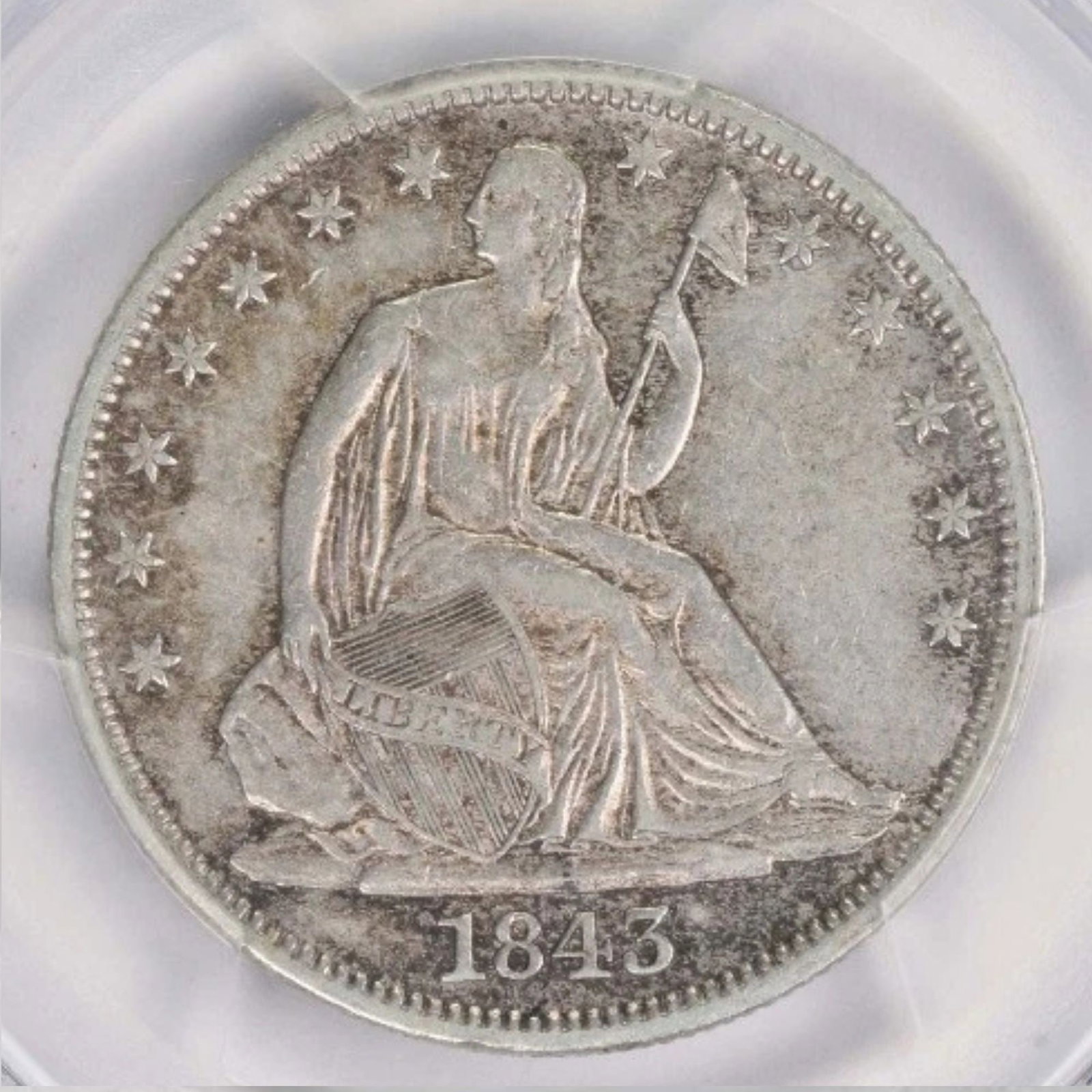 1843 LIBERTY SEATED SILVER HALF DOLLAR: 1843 Liberty Seated Silver Half Dollar Year: 1843 Composition: 90% Silver, 10% Copper Denomination: 50C Country of Origin: United States Accessories: None Accessories Notice: When purchasing
