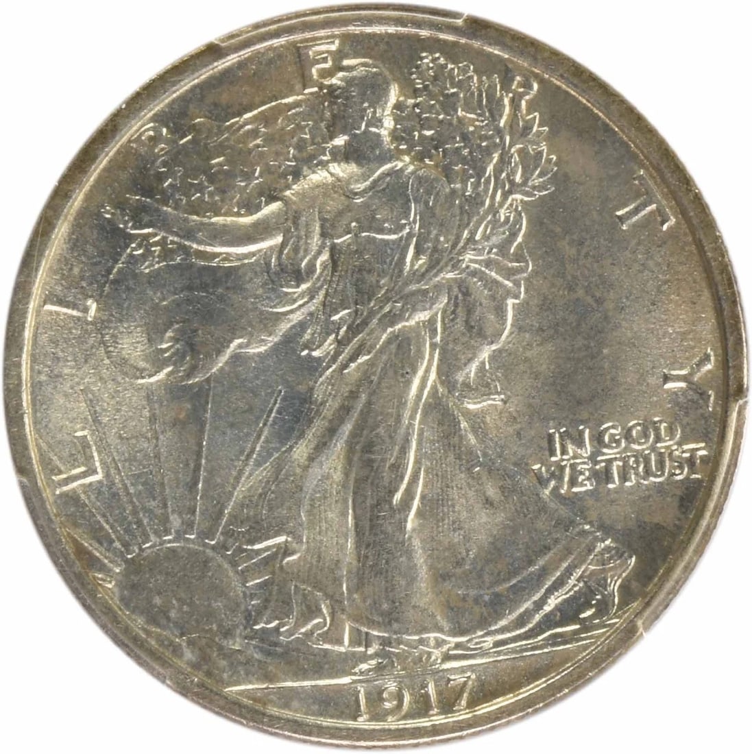 1917 WALKING LIBERTY SILVER HALF DOLLAR: 1917 Walking Liberty Silver Half Dollar Year: 1917 Composition: 90% Silver, 10% Copper Denomination: 50C Country of Origin: United States Accessories: None Accessories Notice: When purchasing