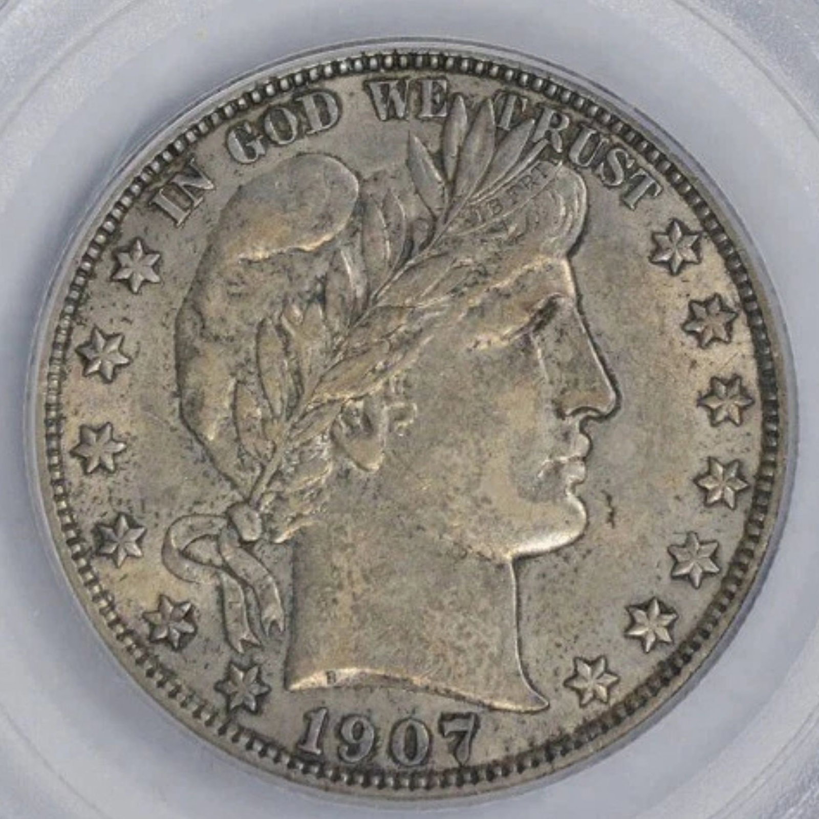 1907-D BARBER SILVER HALF DOLLAR: 1907-D Barber Silver Half Dollar Year: 1907 Composition: 90% Silver, 10% Copper Denomination: 50C Country of Origin: United States Accessories: None Accessories Notice: When purchasing pre-owned go
