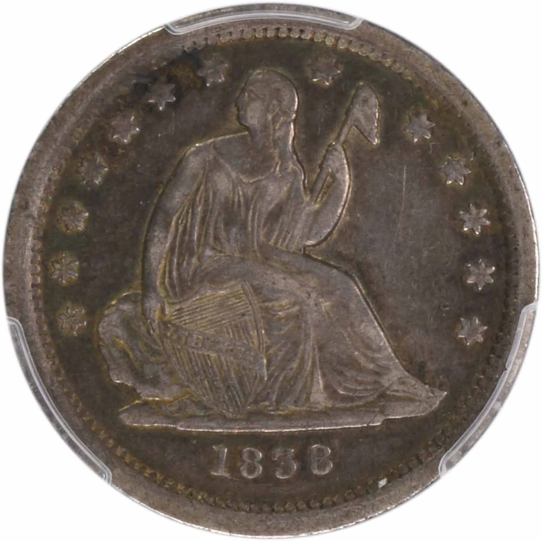 1838 LIBERTY SEATED SILVER QUARTER NO DRAPERY: 1838 Liberty Seated Silver Quarter No Drapery Year: 1838 Composition: Silver Denomination: 25C Country of Origin: United States Accessories: None Accessories Notice: When purchasing pre-owned goods,