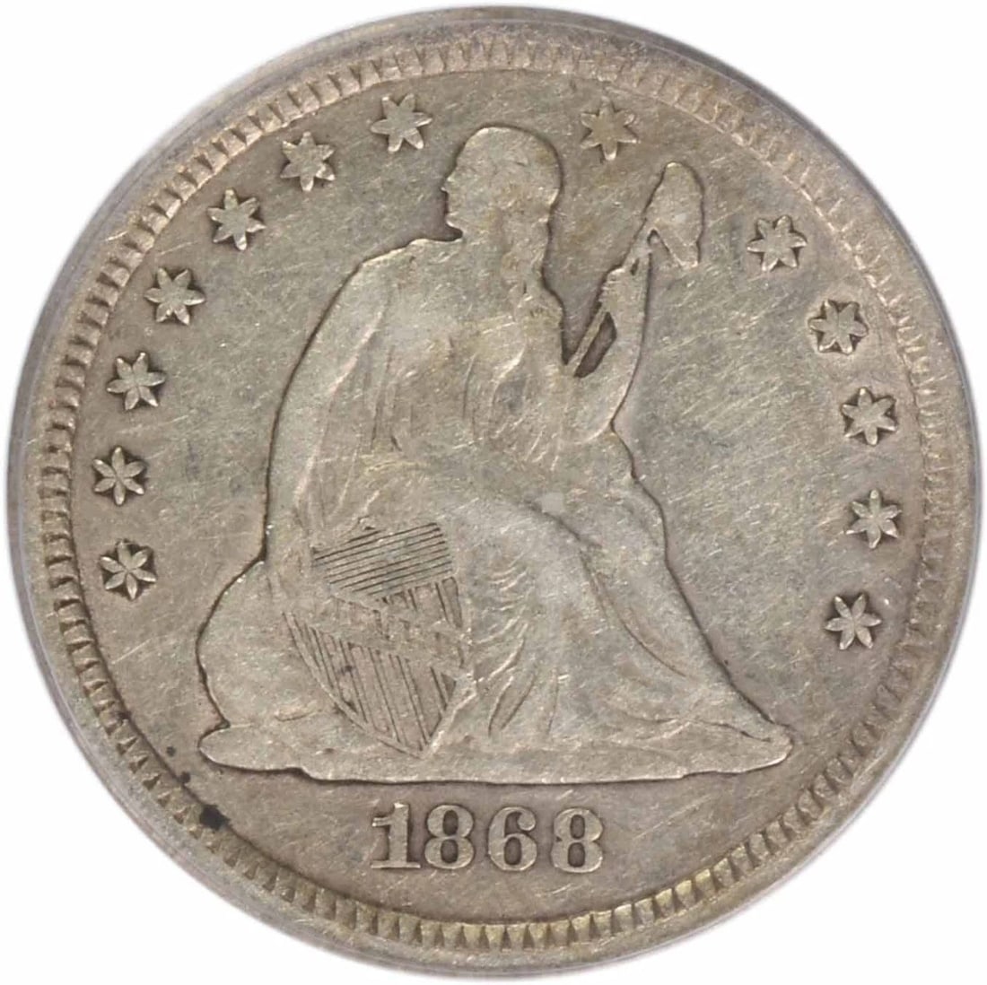 1868-S LIBERTY SEATED SILVER QUARTER: 1868-S Liberty Seated Silver Quarter Year: 1868 Composition: Silver Denomination: 25C Country of Origin: United States Accessories: None Accessories Notice: When purchasing pre-owned goods, please