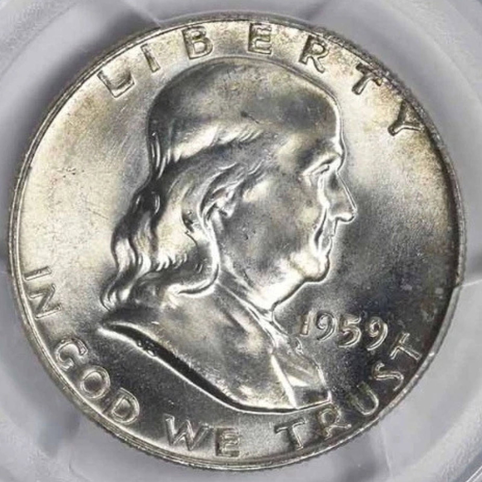 1959-D FRANKLIN SILVER HALF DOLLAR: 1959-D Franklin Silver Half Dollar Year: 1959 Composition: 90% Silver, 10% Copper Denomination: 50C Country of Origin: United States Accessories: None Accessories Notice: When purchasing pre-owned