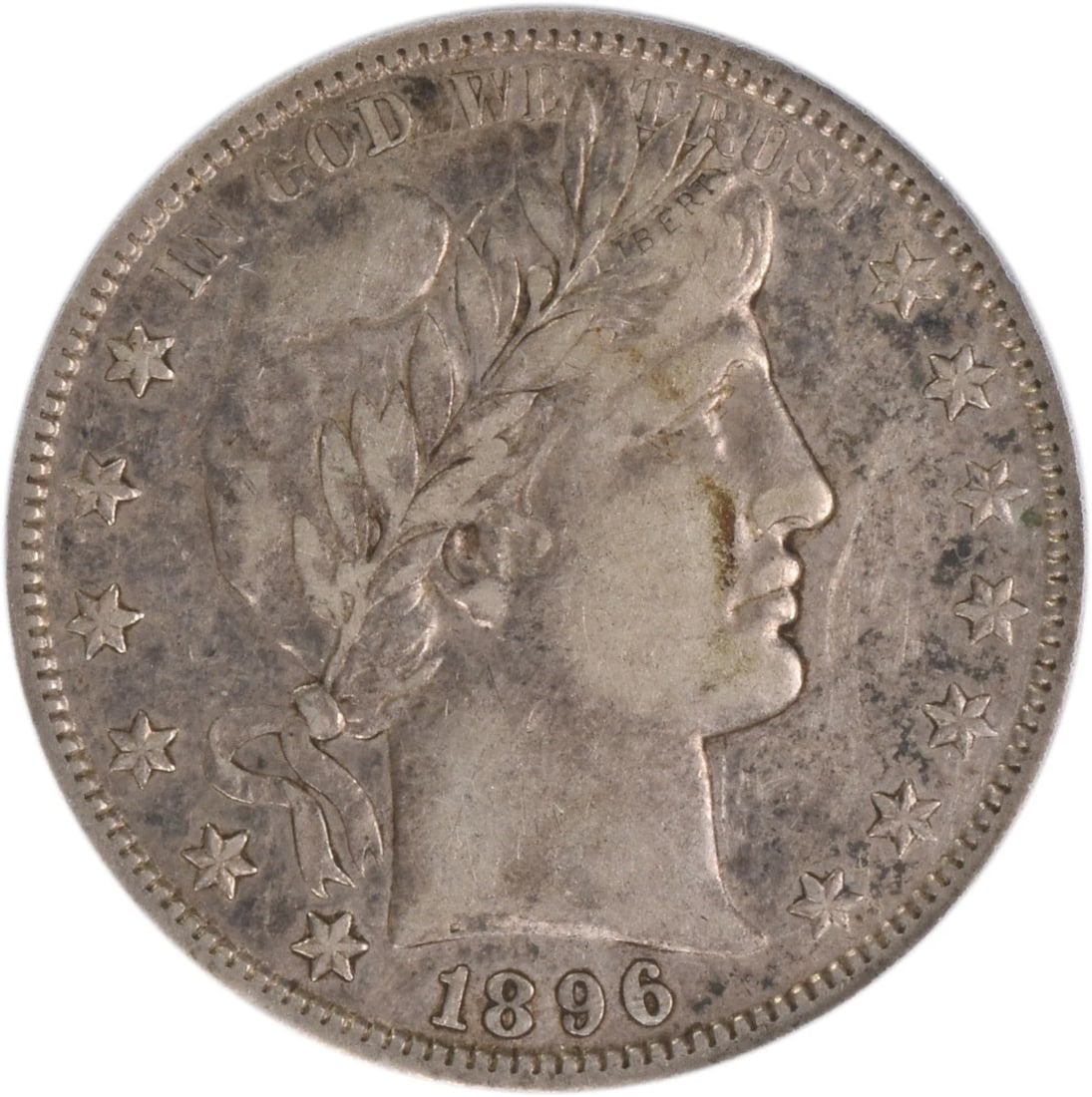 1896-S BARBER SILVER HALF DOLLAR: 1896-S Barber Silver Half Dollar Year: 1896 Composition: Silver Denomination: 50C Country of Origin: United States Accessories: None Accessories Notice: When purchasing pre-owned goods, please refer