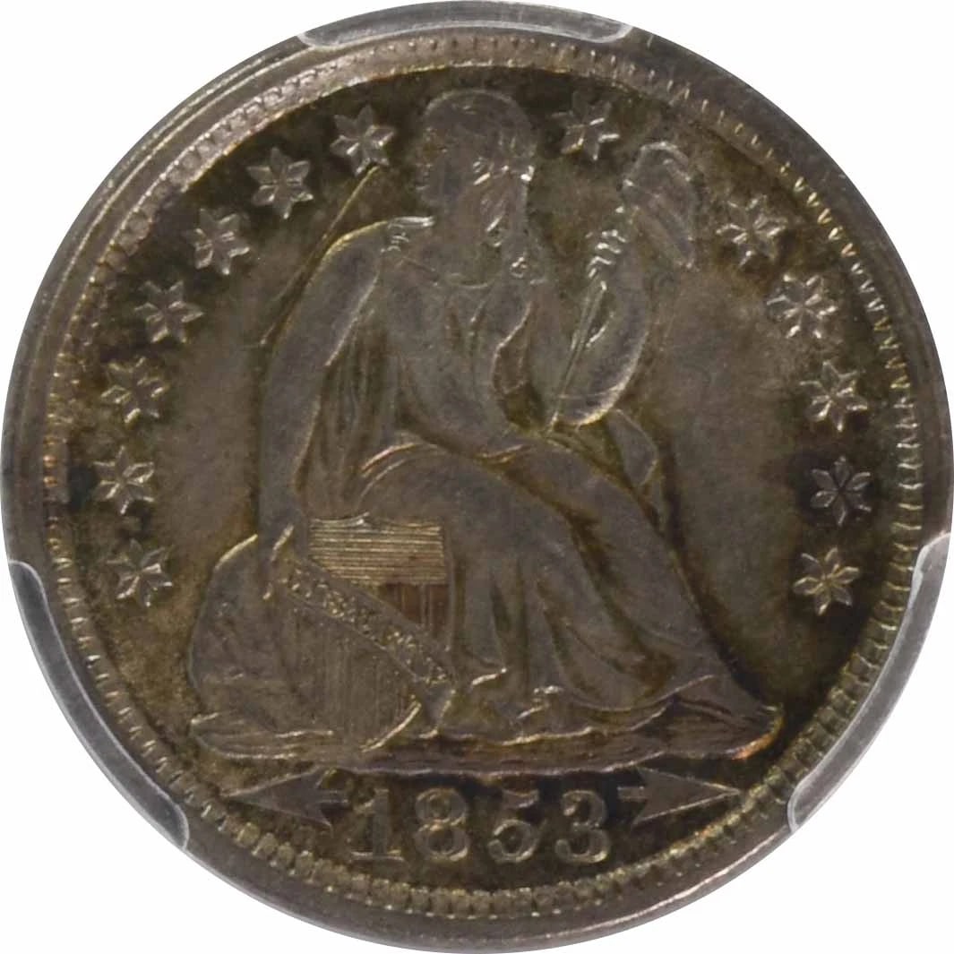1853 LIBERTY SEATED SILVER DIME: 1853 Liberty Seated Silver Dime Year: 1853 Composition: 90% Silver, 10% Copper Denomination: 10C Country of Origin: United States Accessories: None Accessories Notice: When purchasing pre-owned