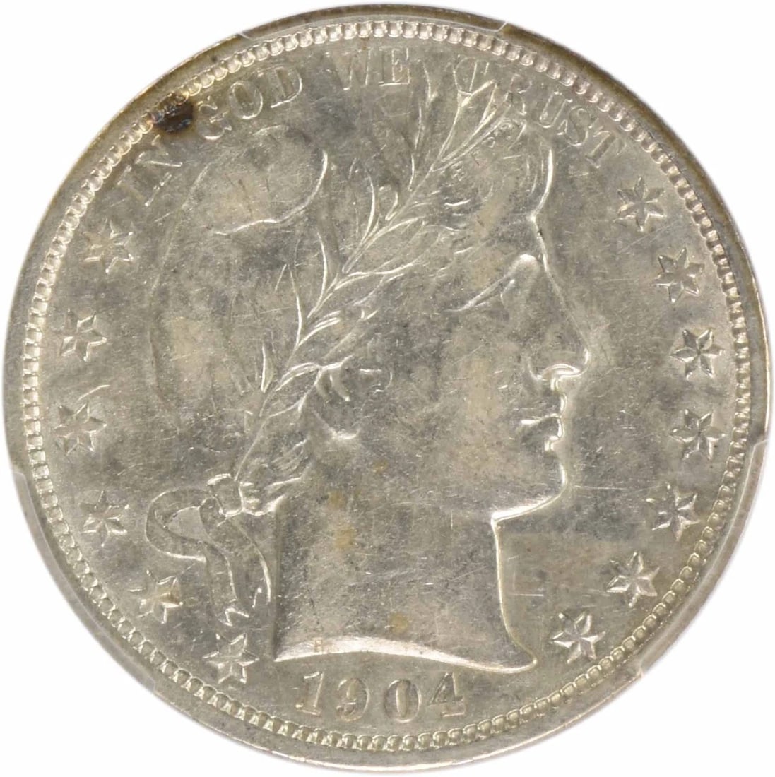 1904-O BARBER SILVER HALF DOLLAR: 1904-O Barber Silver Half Dollar Year: 1904 Composition: 90% Silver, 10% Copper Denomination: 50C Country of Origin: United States Accessories: None Accessories Notice: When purchasing pre-owned go