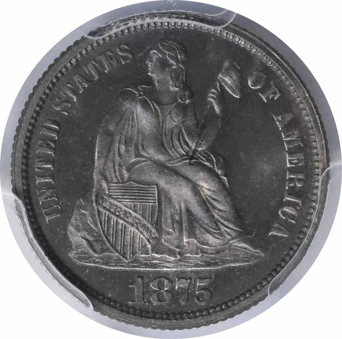 1875 LIBERTY SEATED SILVER DIME: 1875 Liberty Seated Silver Dime Year: 1875 Composition: 90% Silver, 10% Copper Denomination: 10C Country of Origin: United States Accessories: None Accessories Notice: When purchasing pre-owned
