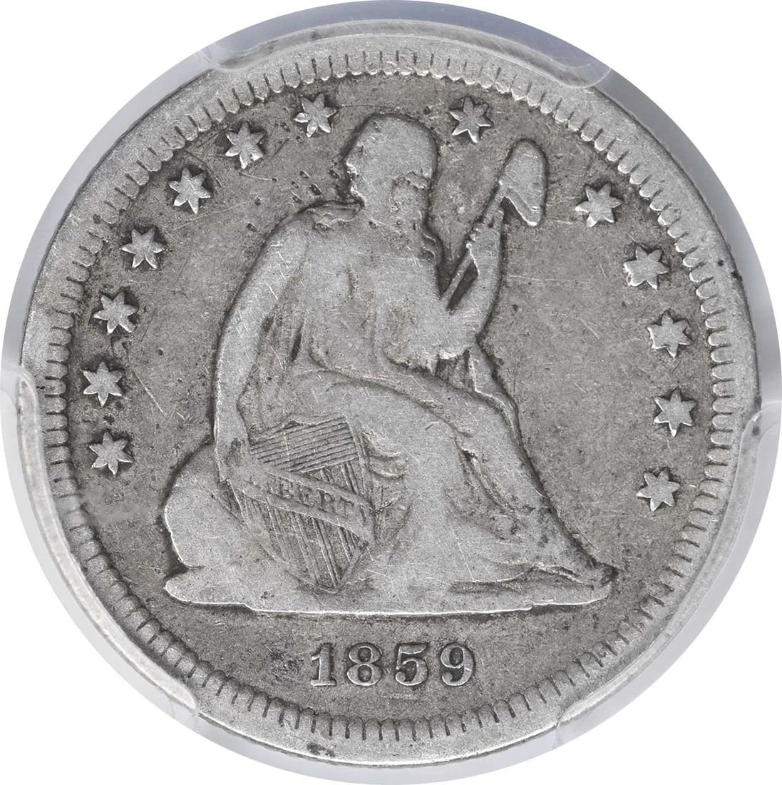 1859-S LIBERTY SEATED SILVER QUARTER: 1859-S Liberty Seated Silver Quarter Year: 1859 Composition: 90% Silver, 10% Copper Denomination: 25C Country of Origin: United States Accessories: None Accessories Notice: When purchasing pre-owned