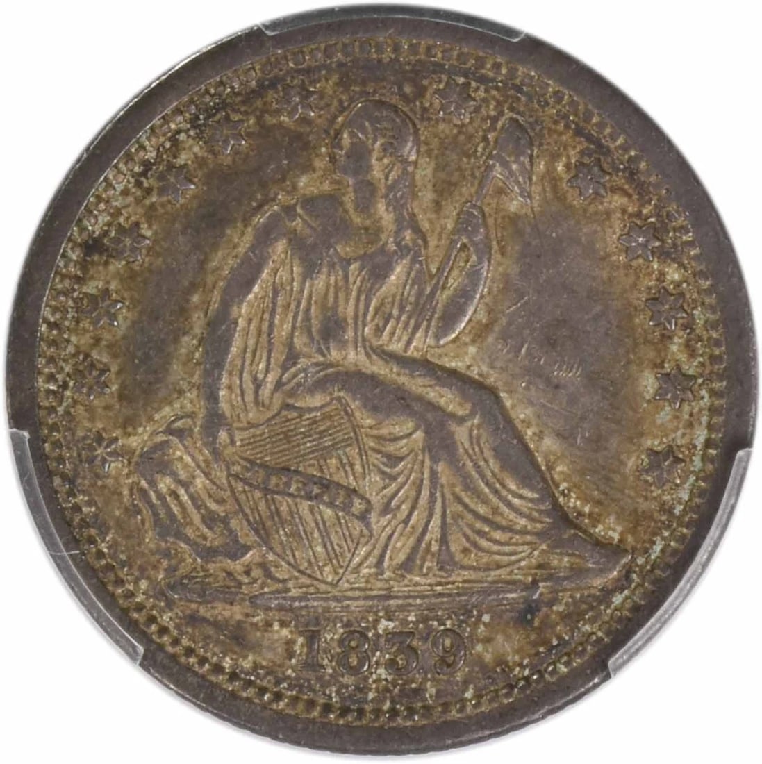 1839 LIBERTY SEATED SILVER QUARTER: 1839 Liberty Seated Silver Quarter Year: 1839 Composition: Silver Denomination: 25C Country of Origin: United States Accessories: None Accessories Notice: When purchasing pre-owned goods, please