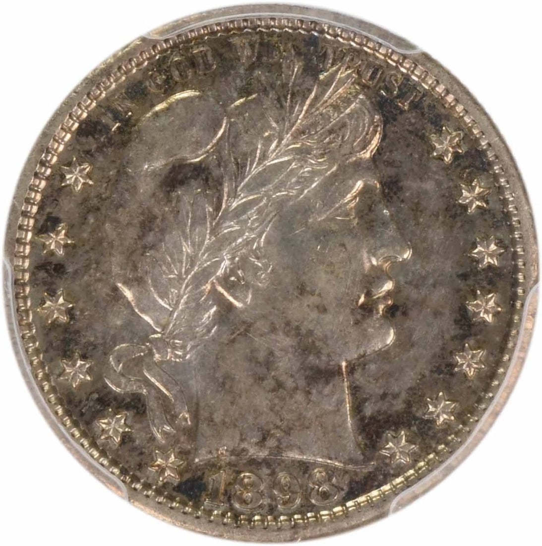 1898-S BARBER SILVER QUARTER: 1898-S Barber Silver Quarter Year: 1898 Composition: 90% Silver, 10% Copper Denomination: 25C Country of Origin: United States Accessories: None Accessories Notice: When purchasing pre-owned goods,
