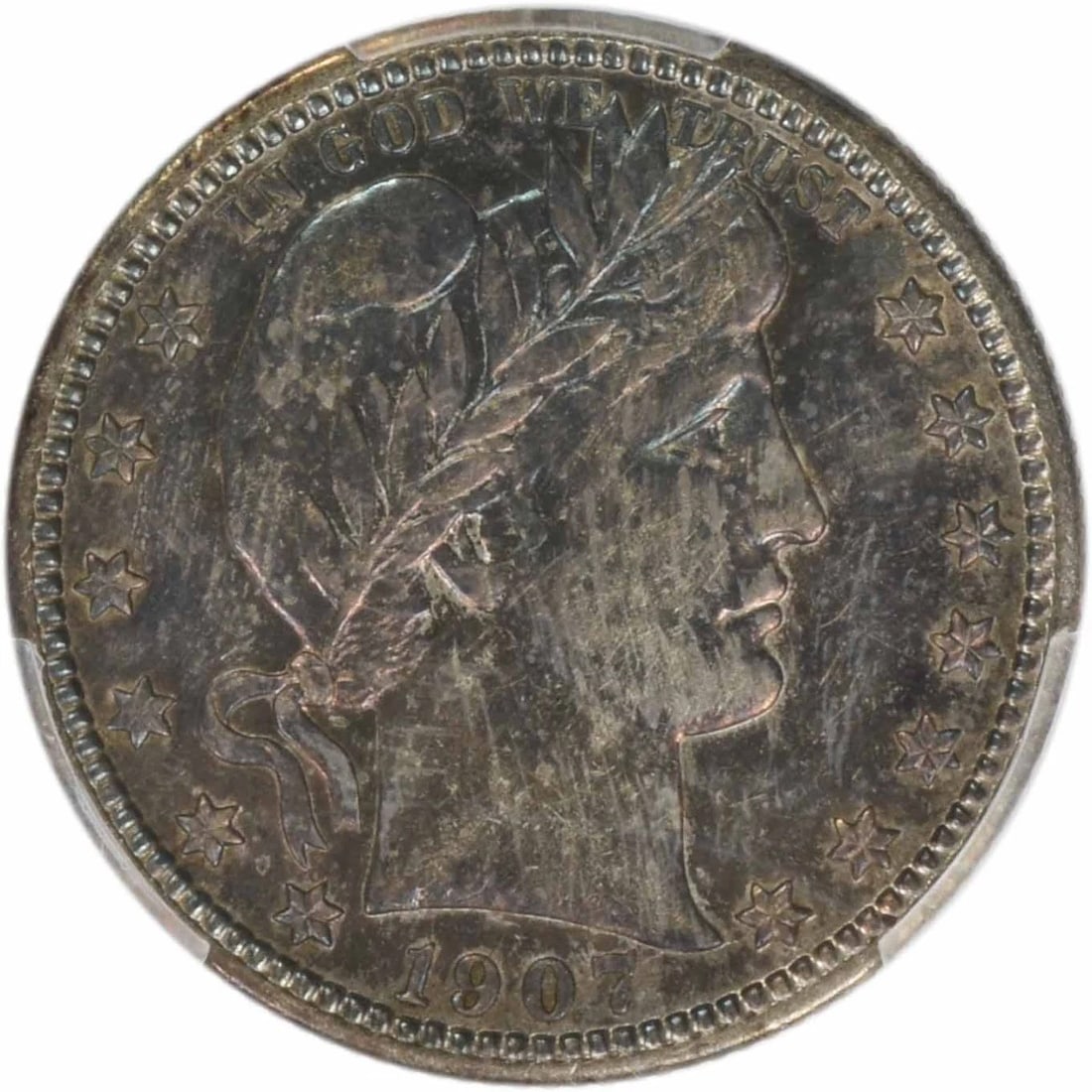 1907-S BARBER SILVER QUARTER: 1907-S Barber Silver Quarter Year: 1907 Composition: 90% Silver, 10% Copper Denomination: 25C Country of Origin: United States Accessories: None Accessories Notice: When purchasing pre-owned goods,