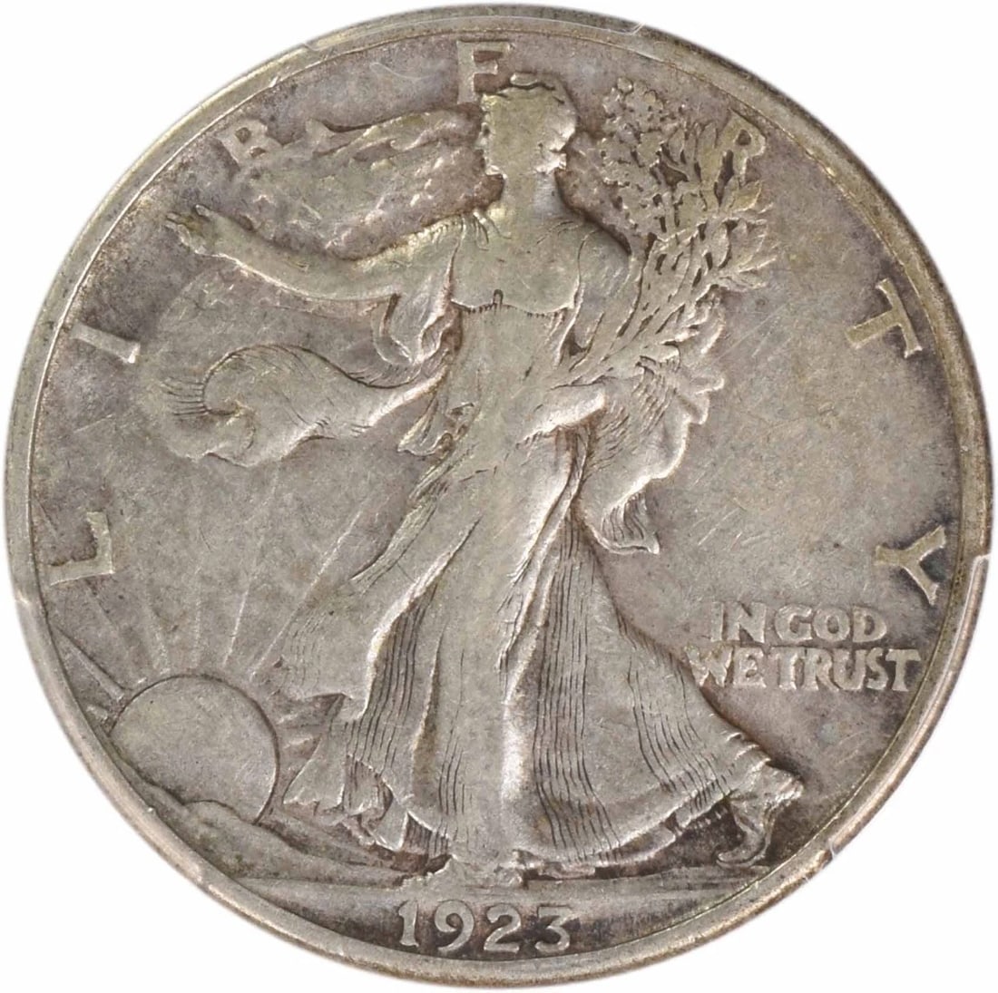 1923-S WALKING LIBERTY SILVER HALF DOLLAR: 1923-S Walking Liberty Silver Half Dollar Year: 1923 Composition: 90% Silver, 10% Copper Denomination: 50C Country of Origin: United States Accessories: None Accessories Notice: When purchasing