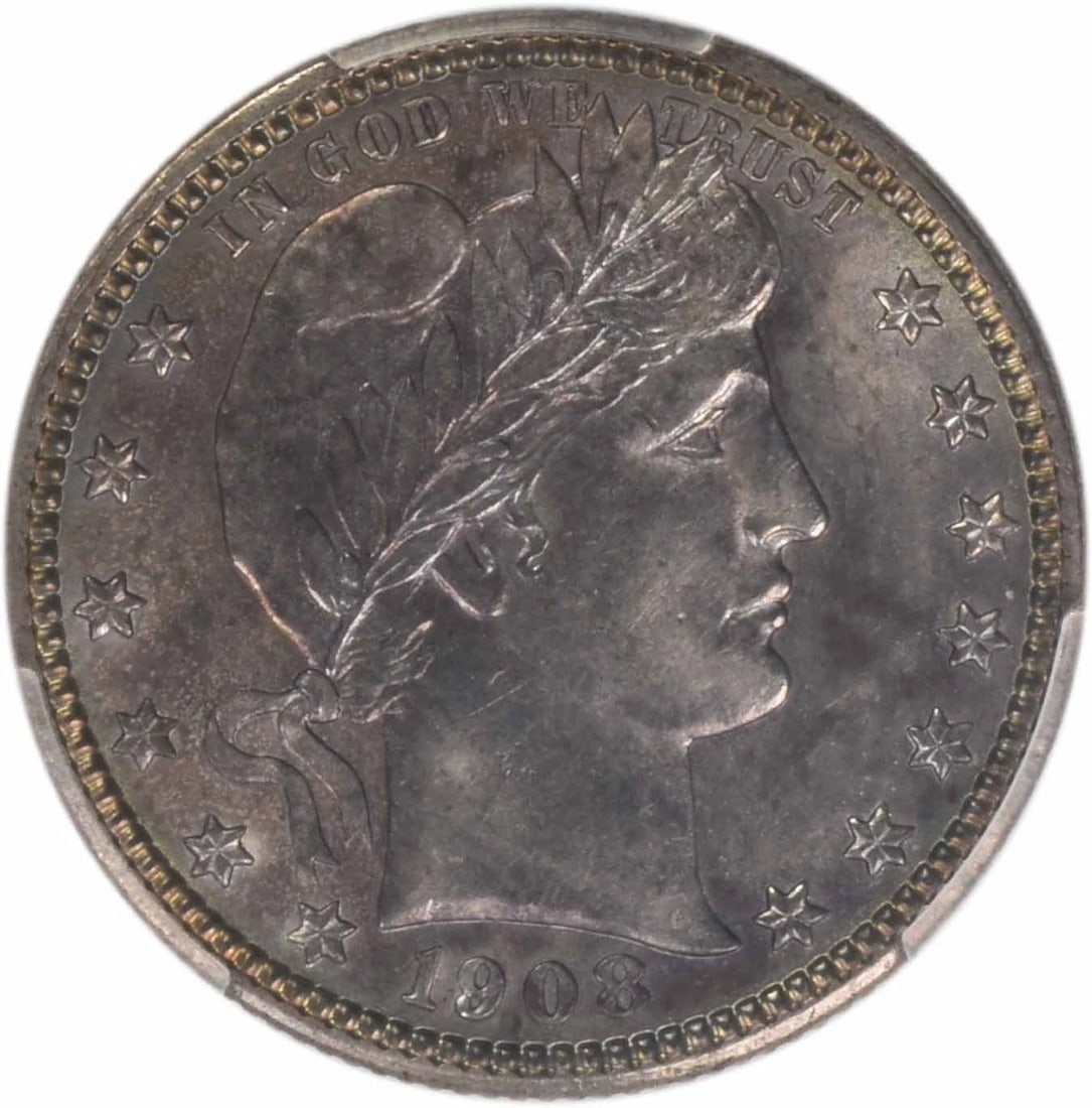 1908-S BARBER SILVER QUARTER: 1908-S Barber Silver Quarter Year: 1908 Composition: 90% Silver, 10% Copper Denomination: 25C Country of Origin: United States Accessories: None Accessories Notice: When purchasing pre-owned goods,