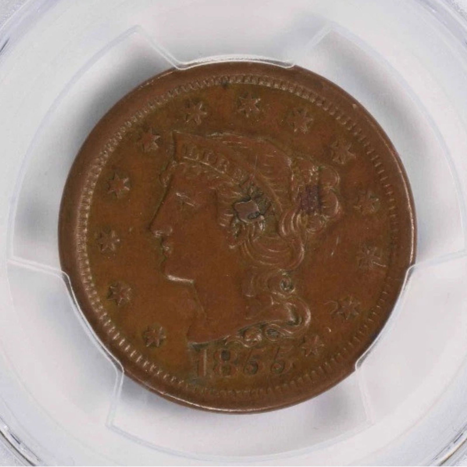 1855 LARGE CENT KNOB ON EAR: 1855 Large Cent Knob on Ear Year: 1855 Composition: Copper Denomination: Large Cent Country of Origin: United States Accessories: None Accessories Notice: When purchasing pre-owned goods, please